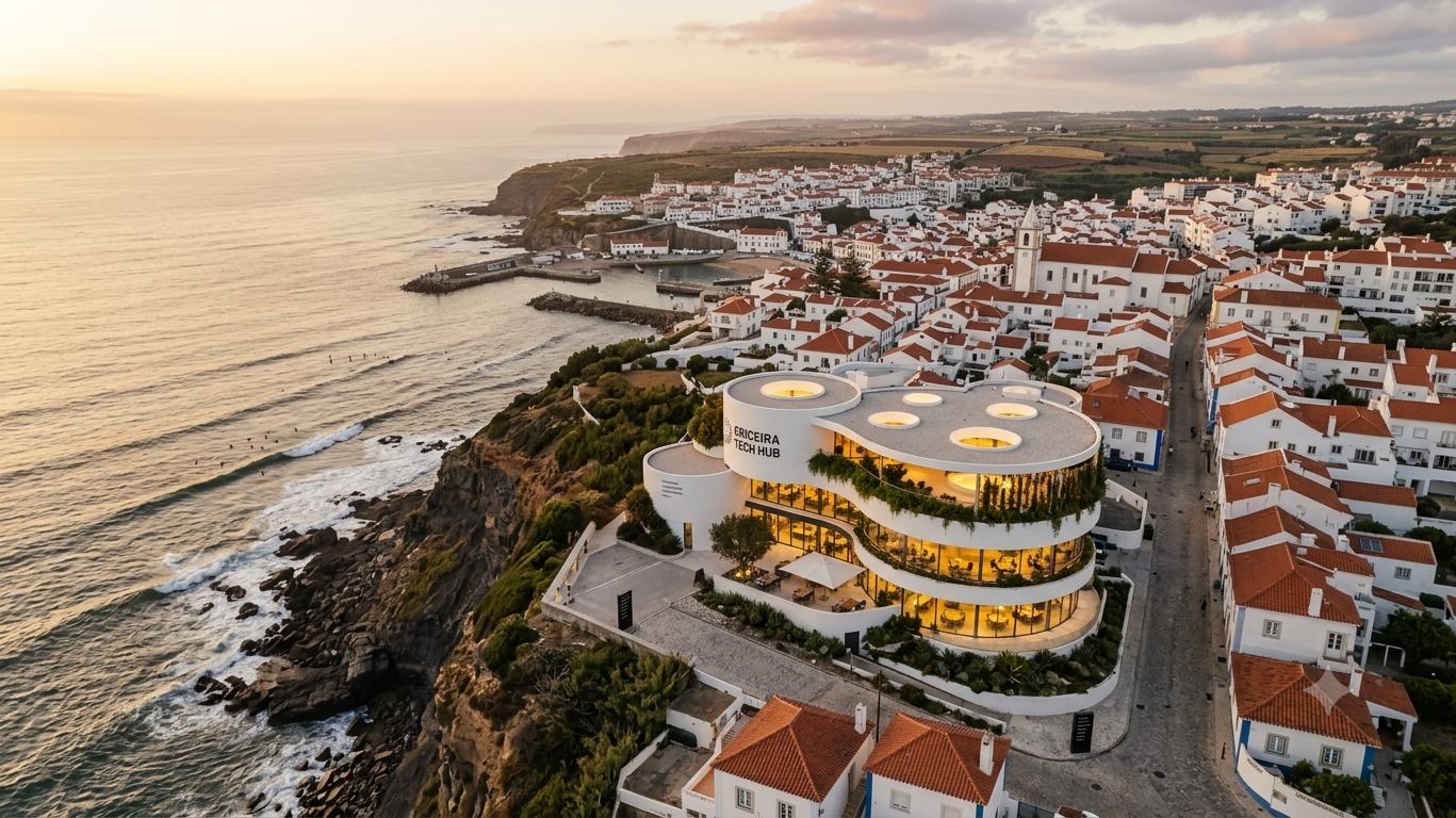 Aerial view of Ericeira at sunset. The curved white Ericeira Tech Hub building sits on the clifftop between the town's red roofs and the Atlantic.