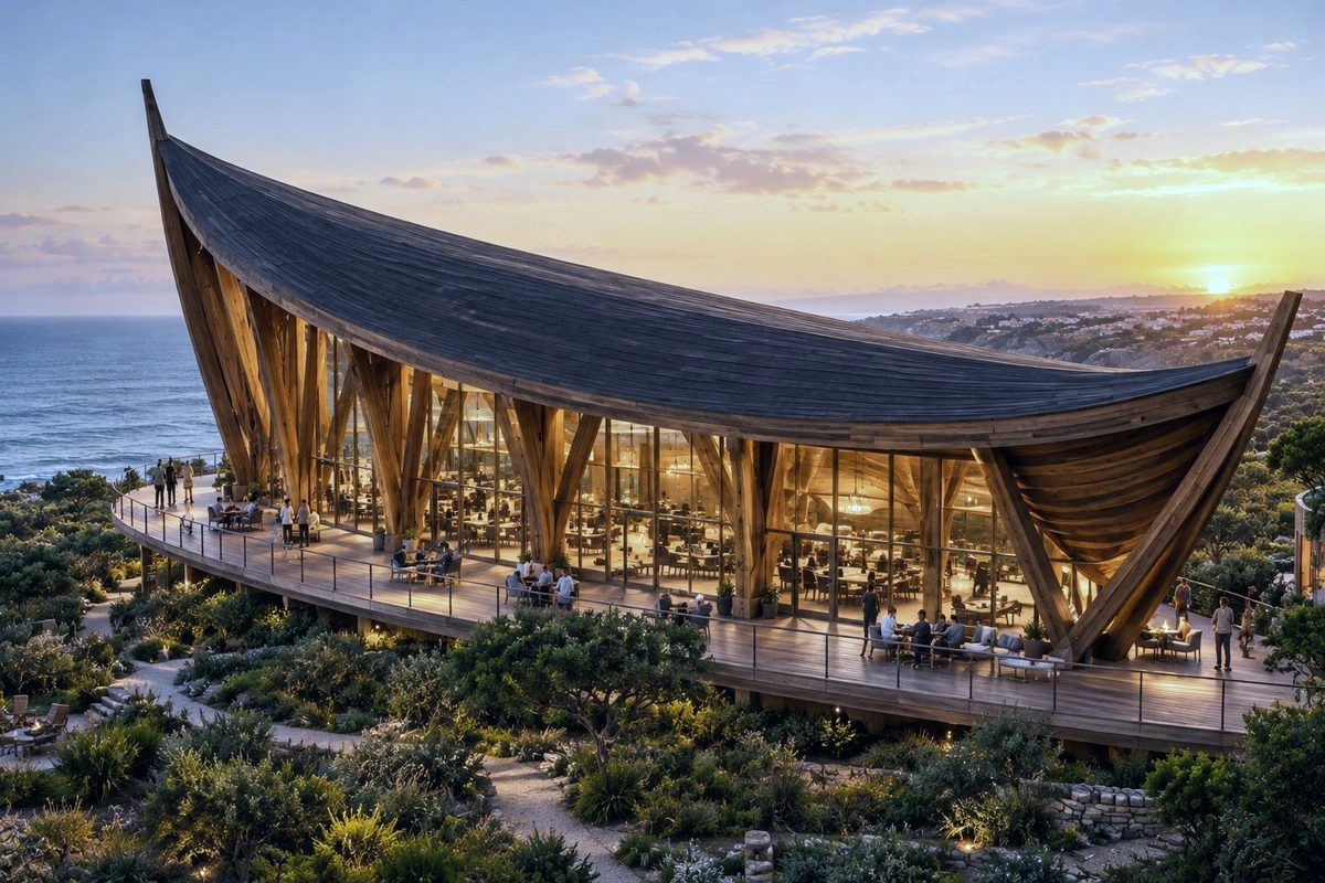 Design render of the gathering hall. A long timber hall with a curved roof, glass walls, and people on a wooden deck above the sea.