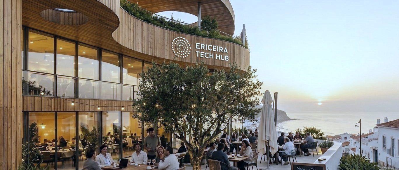 Render of the café terrace. People eat at wooden tables under an olive tree beside the timber building, with the sea and the town behind.