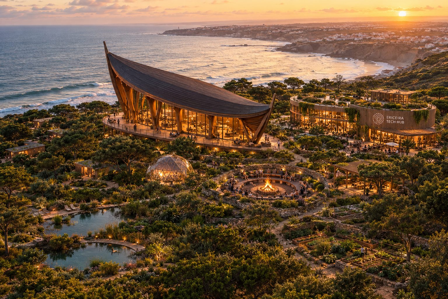 Design render of the whole Hub above the Atlantic. The gathering hall with its curved timber roof stands beside the round building with the Ericeira Tech Hub sign. Below them, among trees, a fire pit, a glass dome, natural pools and kitchen gardens.