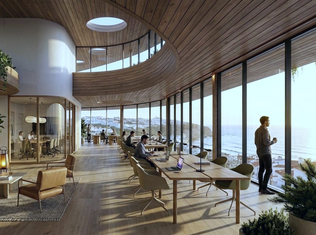 Design render of the working floor. Long timber desks along a curved glass wall facing the Atlantic.