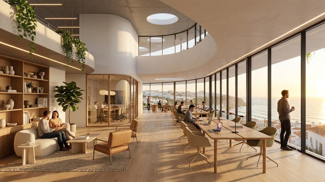 Interior render of the working floor. Long timber desks face a curved glass wall with the Atlantic and the town of Ericeira beyond.