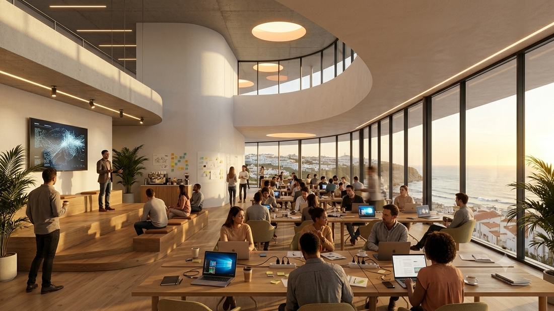 Render of the event space. People work at long tables and on tiered timber seating while someone presents at a screen, with the Atlantic through the windows.