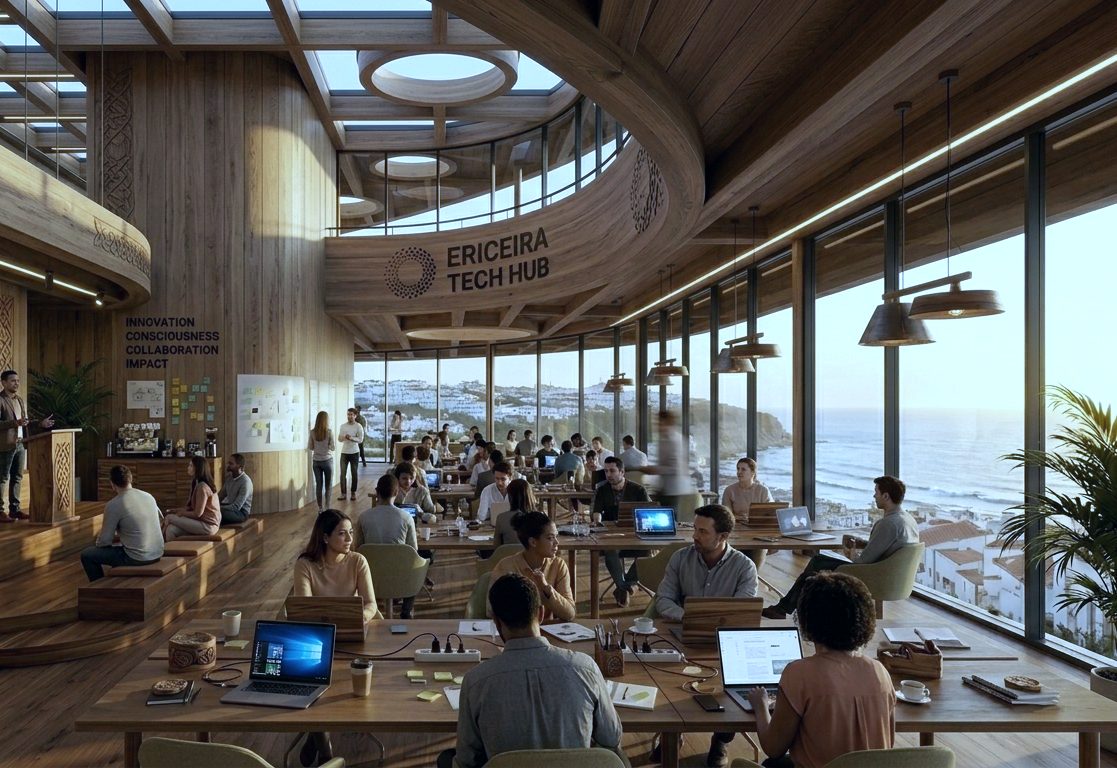 Render of the event space inside the Hub. People work at long timber tables beside a curved glass wall facing the sea, while someone speaks from a low stage.