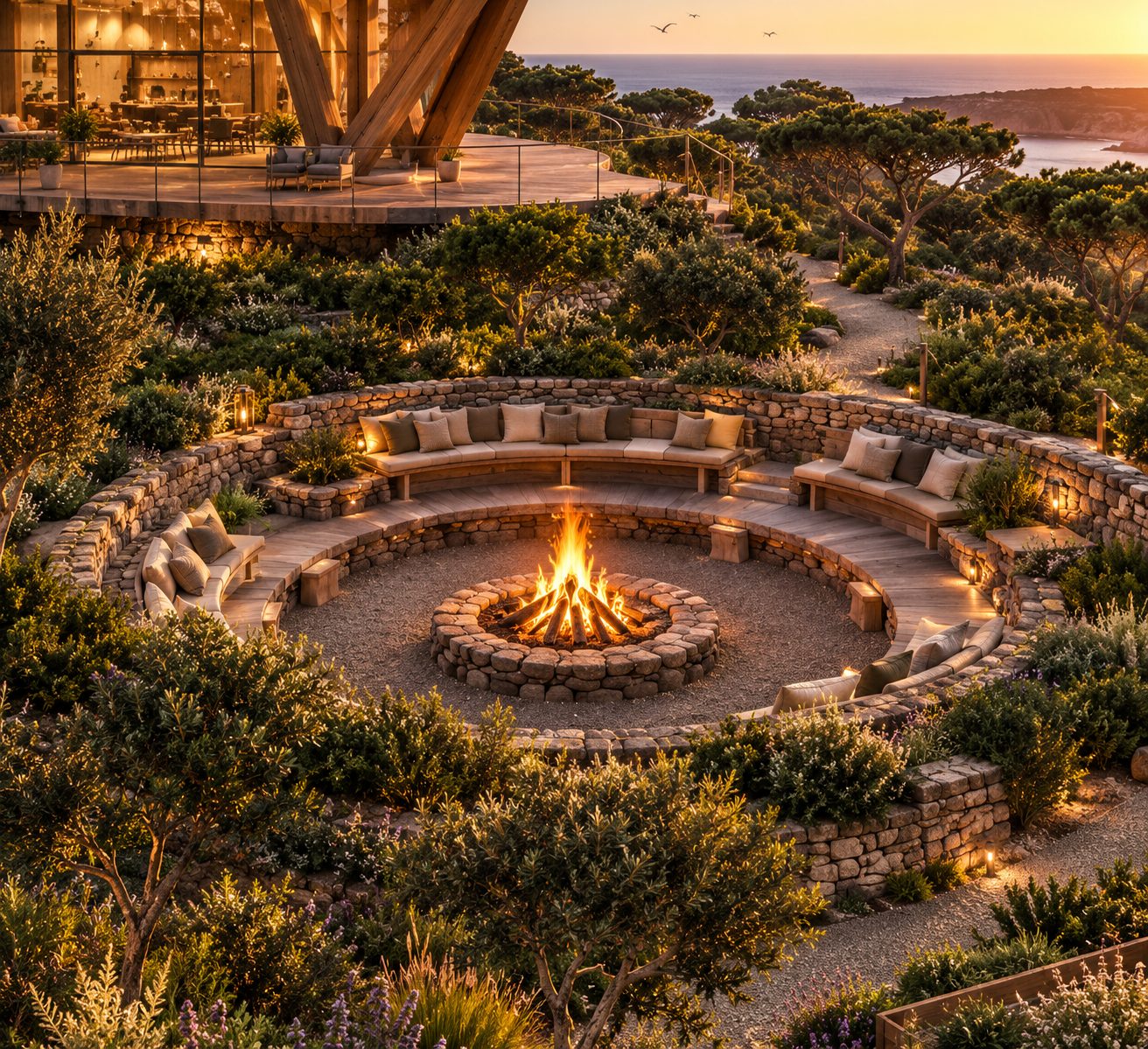 Design render of the fire pit at dusk. A sunken stone circle with cushioned benches around a fire, among olive trees and gardens above the sea.