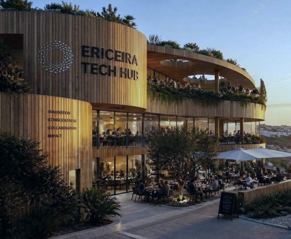 Design render of the Hub. A curved timber building with planted terraces and the Ericeira Tech Hub sign, and a café terrace under an olive tree, above the sea.