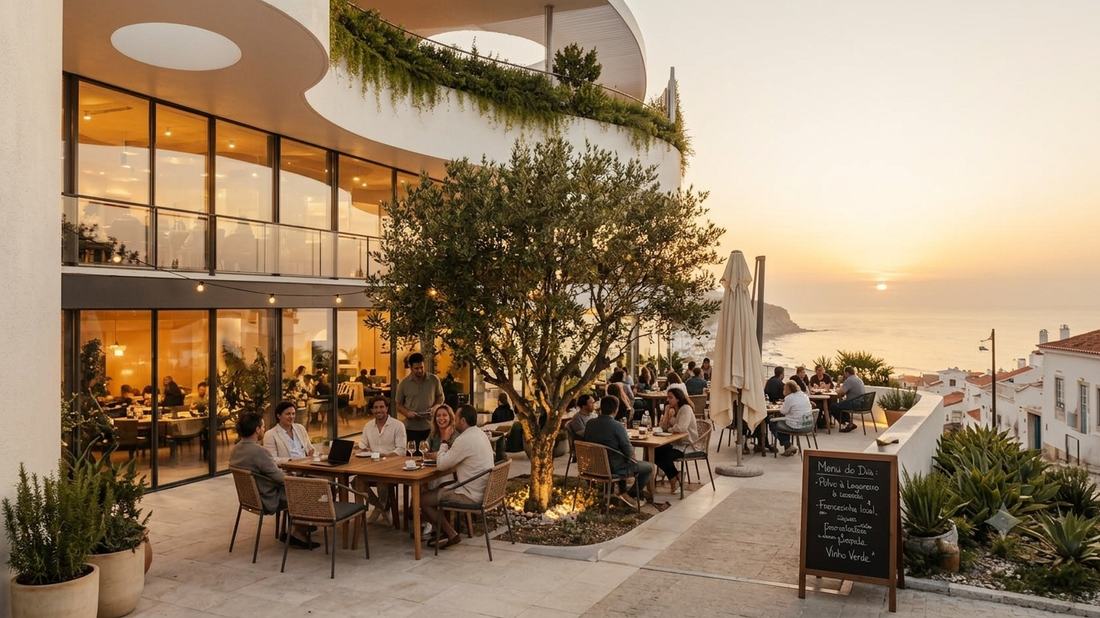 Render of the terrace café at ground level. People sit at outdoor tables under an olive tree as the sun sets over the Atlantic.